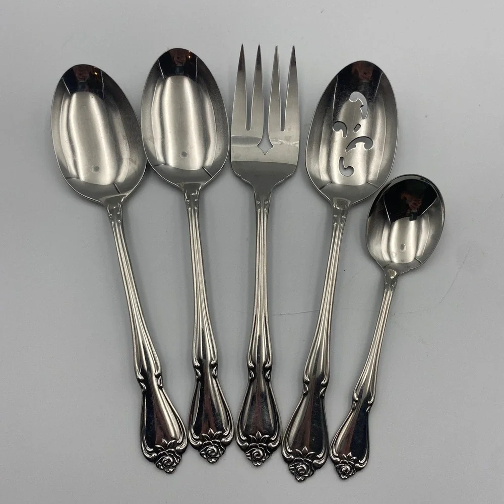 Oneida 1881‎ Rogers Arbor Rose True Rose Stainless Serving Set 5pc Hostess Fork